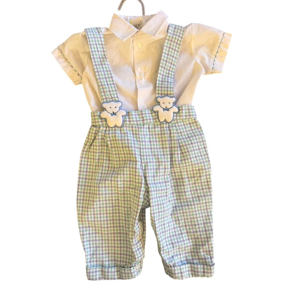Vintage NWOT 90's‎ Baby Boy Plaid Suspender Set Teddy Bear White Blue Green 3-6M